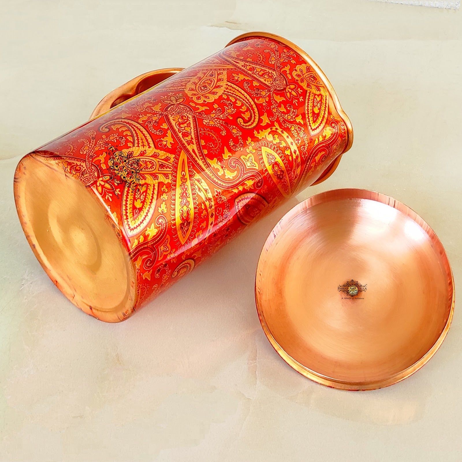 Pure copper paisley printed design jug with brass knob on lid paisley, 1500 ML